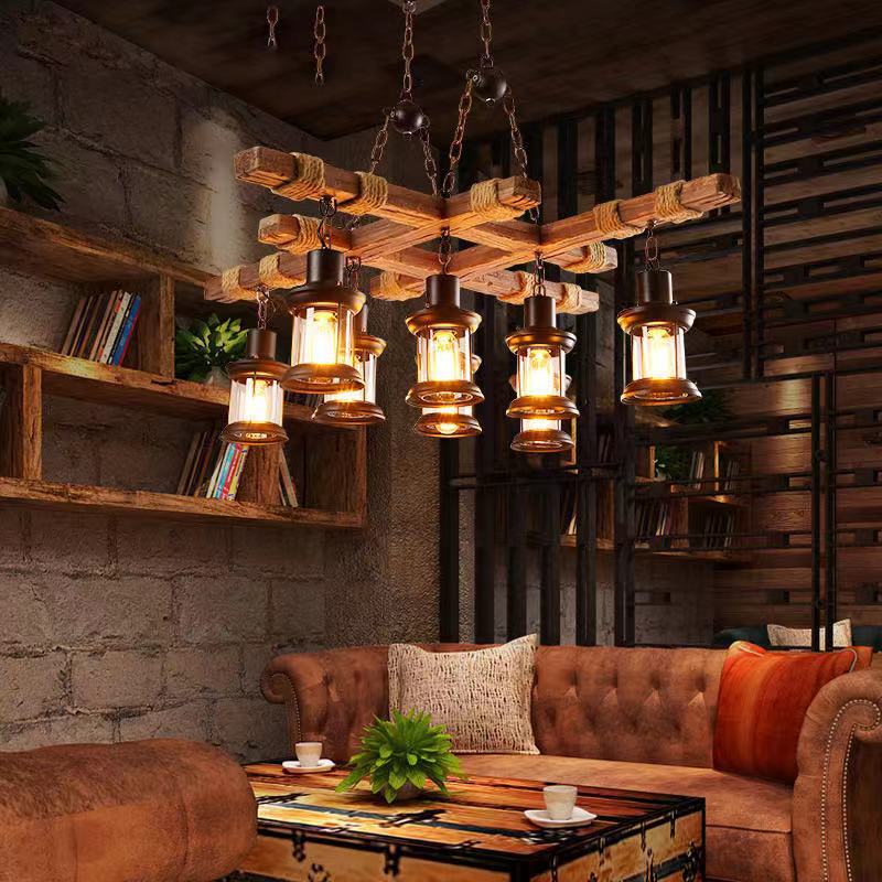 Epoch Industrial LED Clásico Lámparas de Araña Madera Vidrio Salón