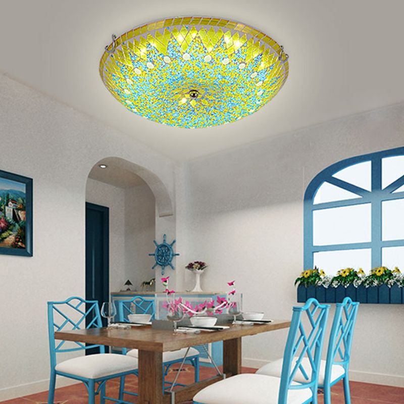 Tiffany Lámpara de Techo de Cristal Mediterránea Azul/Amarillo/Blanco