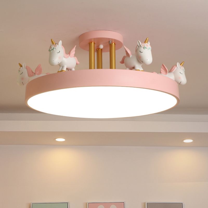 Arisha Modern Round Unicorn Acrylic/Wood Semi-Flush Mount Plafón Blanco/Rosa/Azul