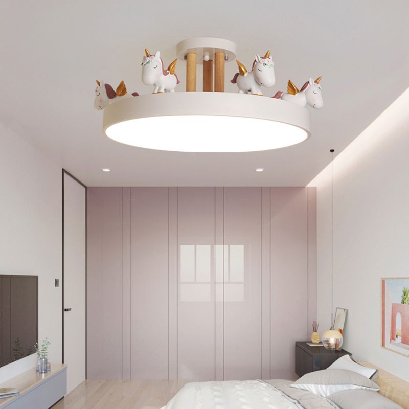 Arisha Modern Round Unicorn Acrylic/Wood Semi-Flush Mount Plafón Blanco/Rosa/Azul