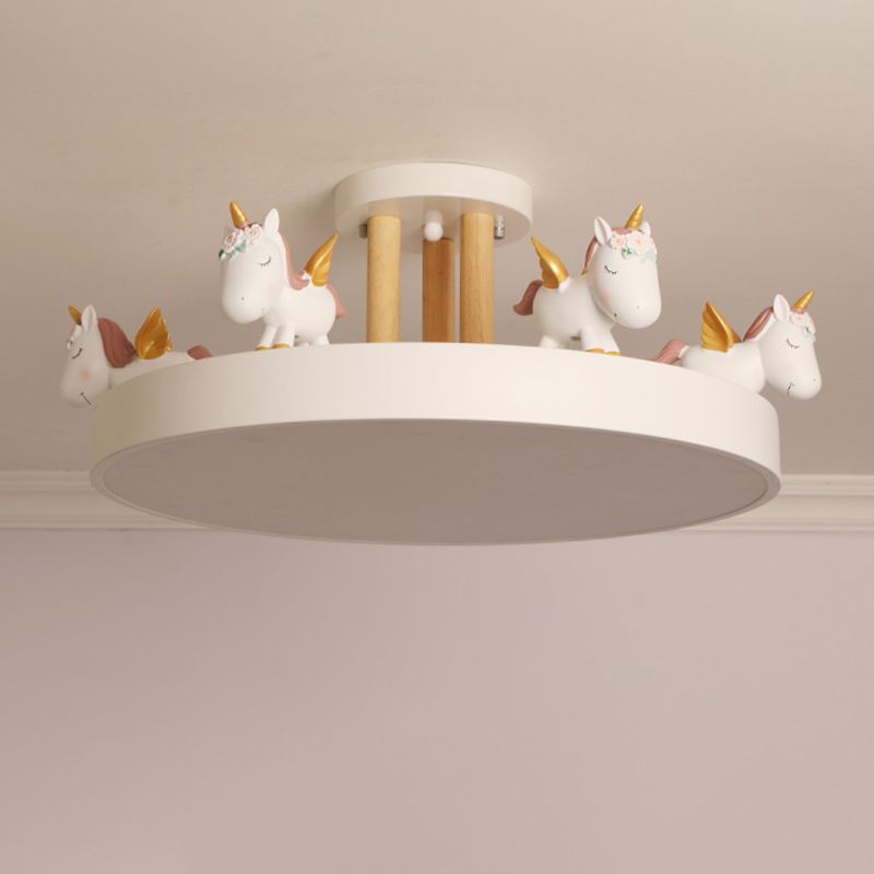 Arisha Modern Round Unicorn Acrylic/Wood Semi-Flush Mount Plafón Blanco/Rosa/Azul