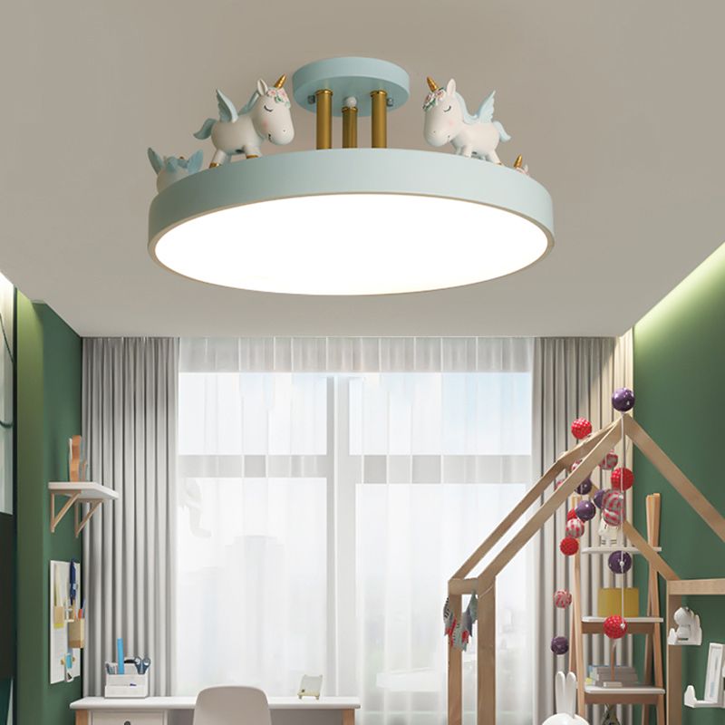 Arisha Modern Round Unicorn Acrylic/Wood Semi-Flush Mount Plafón Blanco/Rosa/Azul