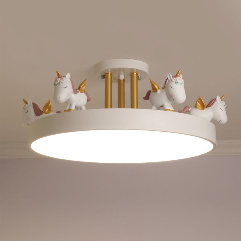 Arisha Modern Round Unicorn Acrylic/Wood Semi-Flush Mount Plafón Blanco/Rosa/Azul