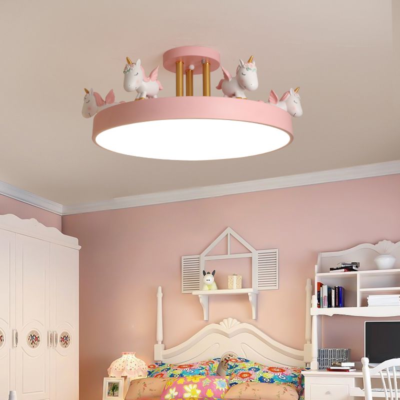 Arisha Modern Round Unicorn Acrylic/Wood Semi-Flush Mount Plafón Blanco/Rosa/Azul