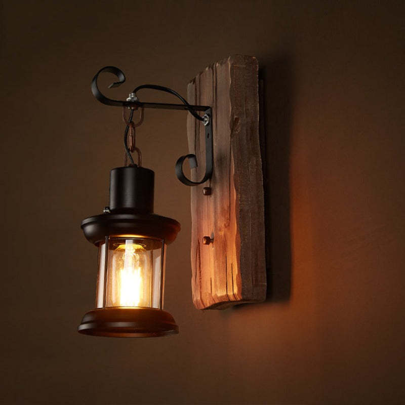 Silva Industrial Rustico Lantern Metal/Madera Aplique de Pared Negra/Bronce