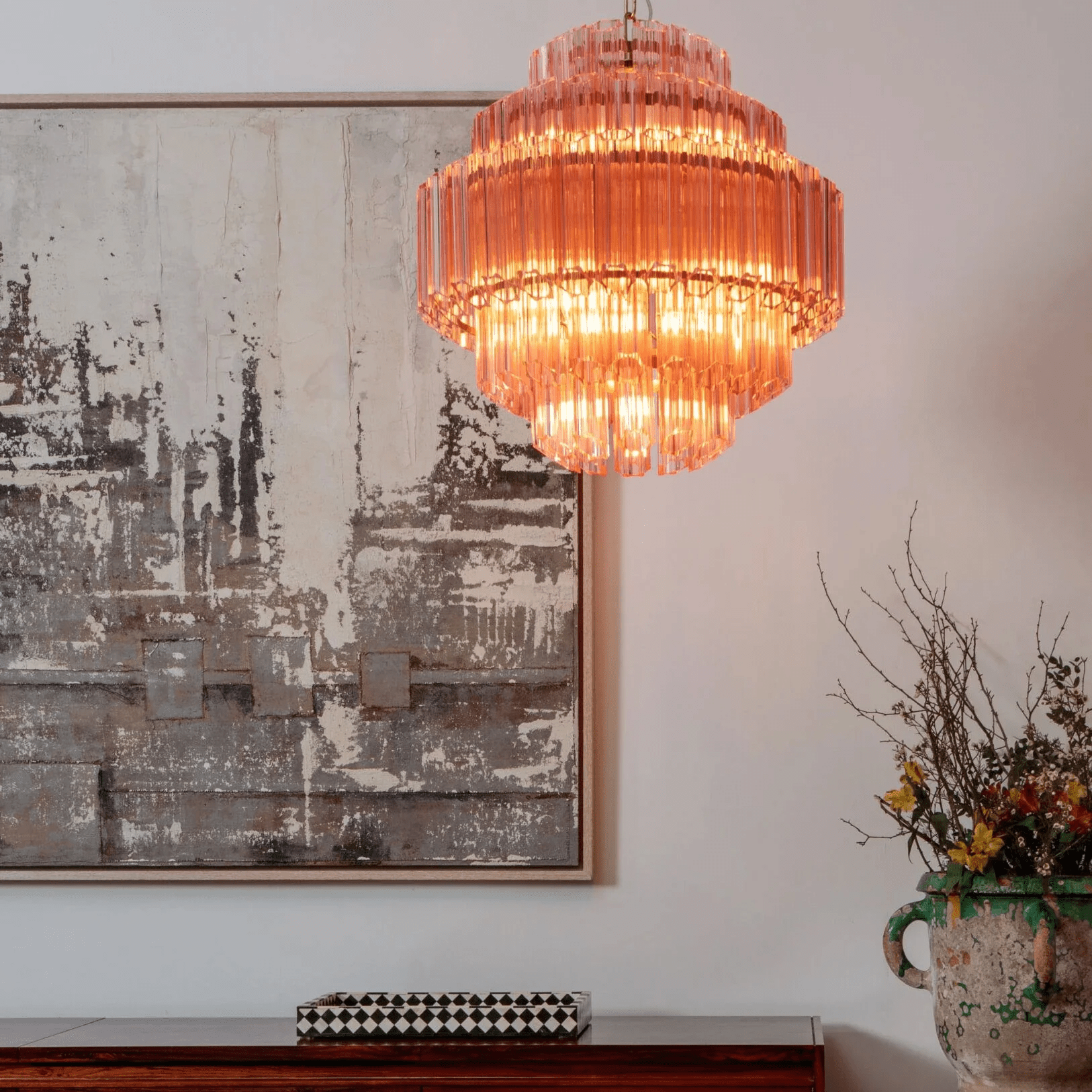 Aurora Chandelier Pink Glass Tube Layered Diamond - Letslighting