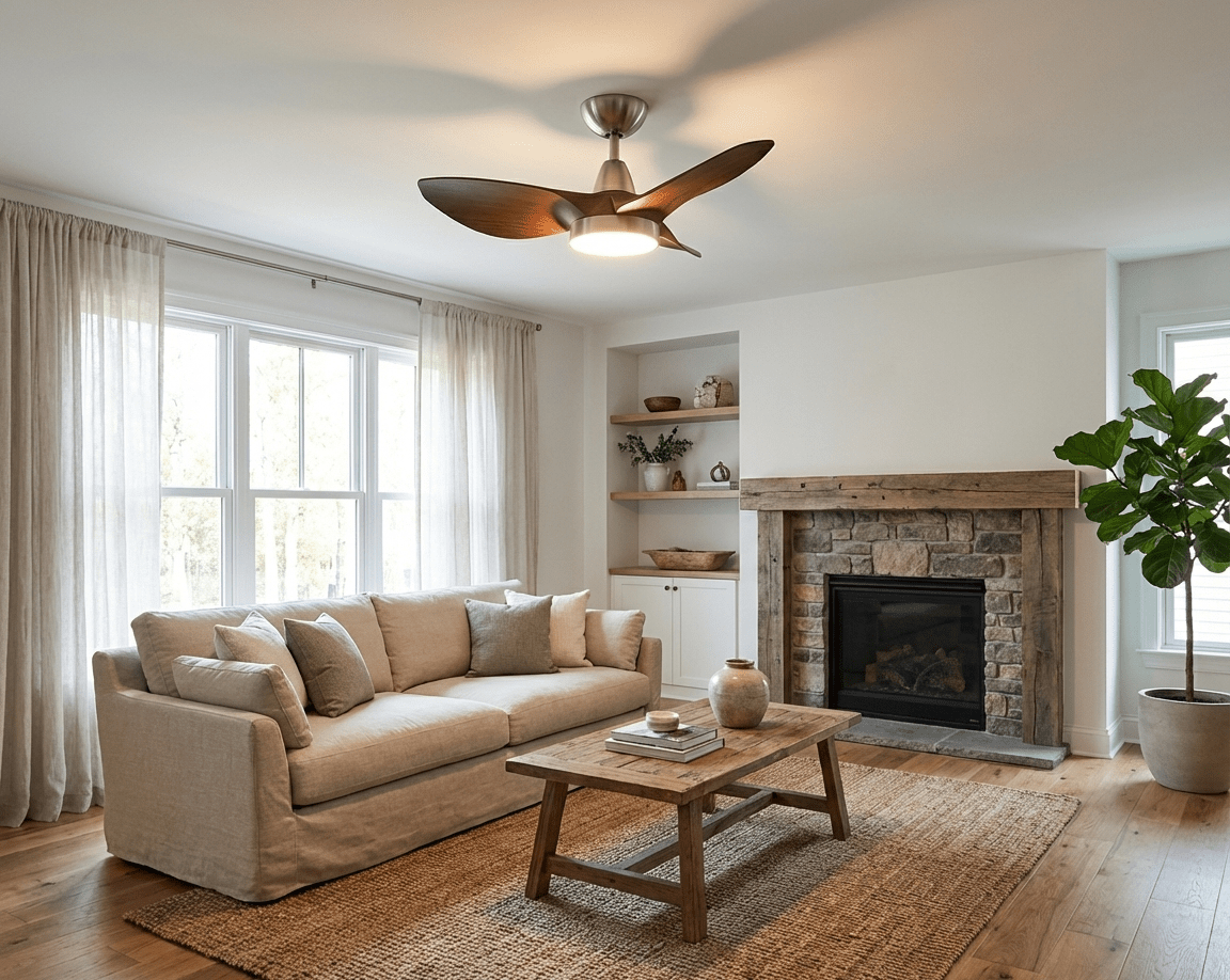 Vista de ambiente del ventilador de techo con luz Soren en un entorno interior