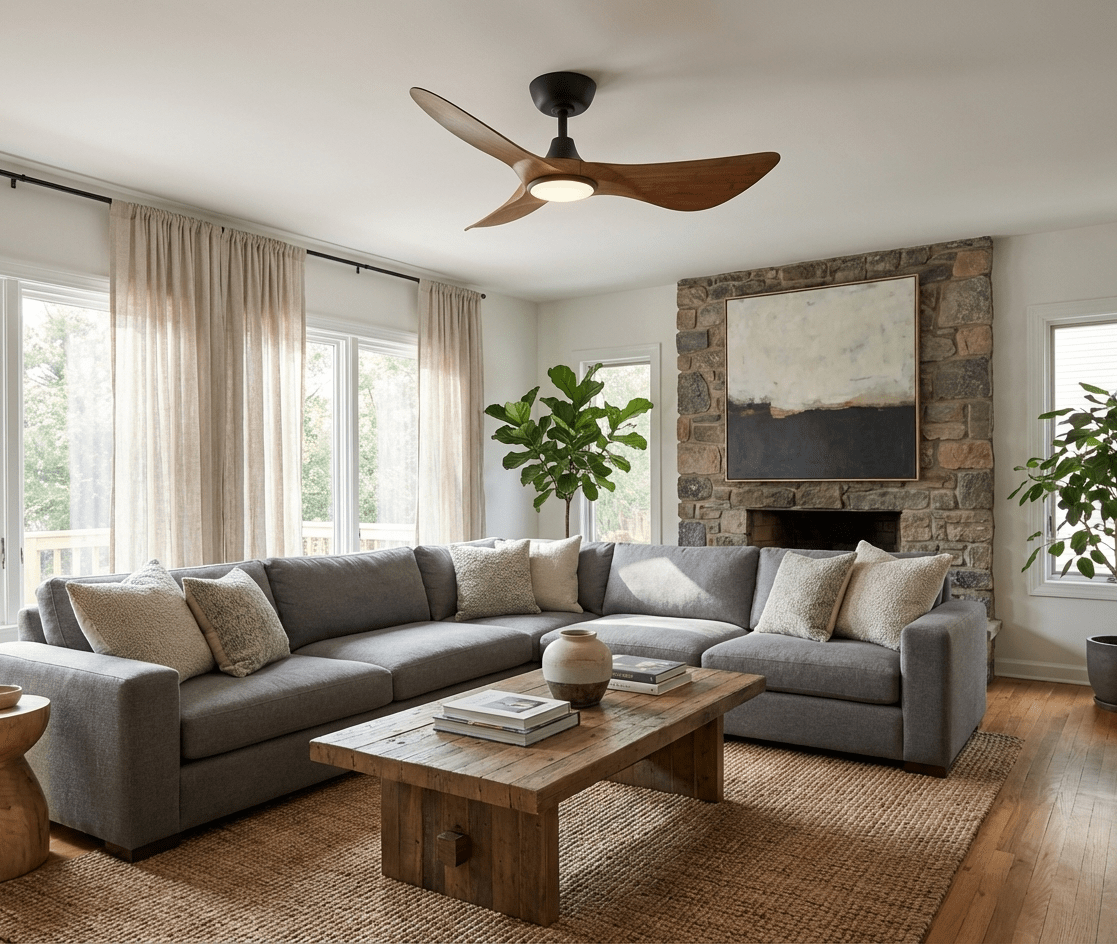 Ventilador de Techo con Luz Finn en un ambiente de salón moderno