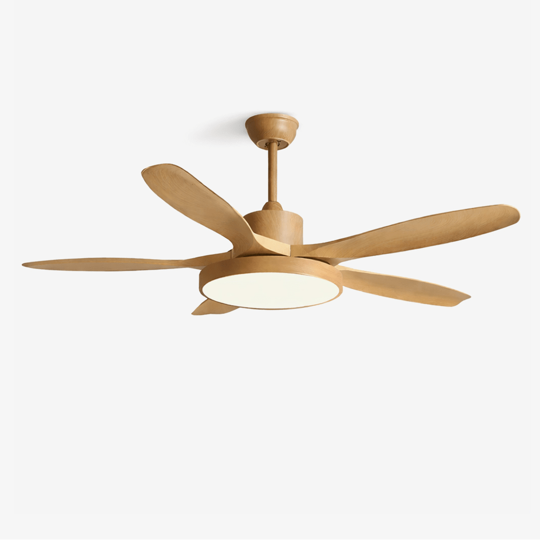 Ventilador de Techo con Luz StillWind con aspas de veta de madera natural y pantalla blanca, instalado en un salón moderno.