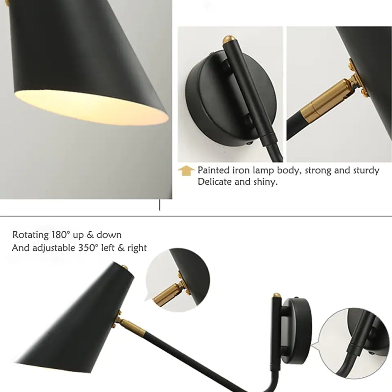 Epoch Moderna Minimalista Metal Aplique de Pared Giratorio Negro/Oro/Blanco