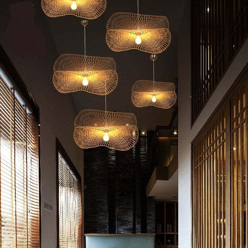 Ritta Zen Art Déco Irregularmente Metal/Ratán LED Lámpara Colgante Madera