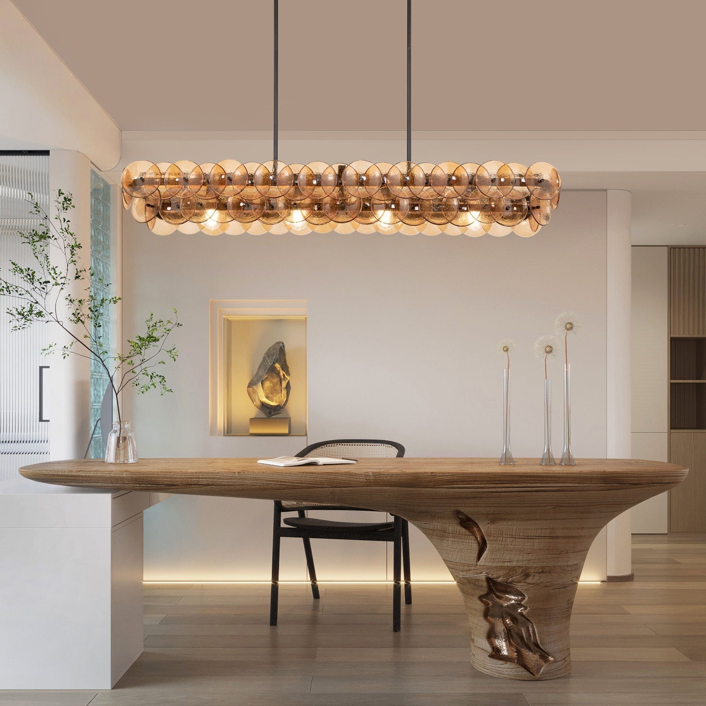 Aurora Chandelier Linear Amber Pressed Glass Disc Modern - Letslighting