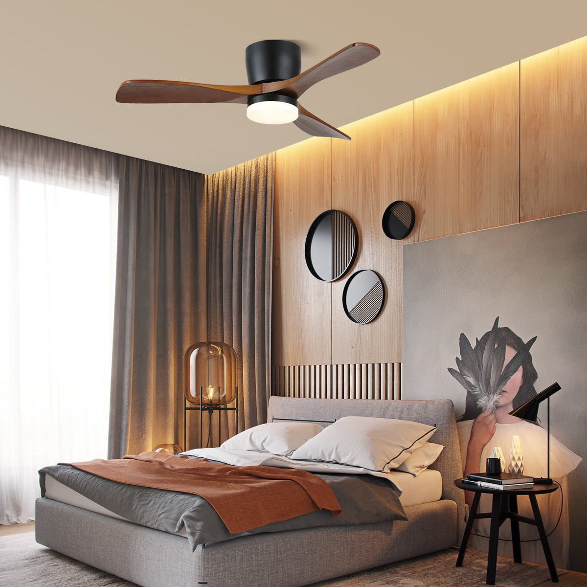 Lámpara Ventilador de Techo Knox con acabado Grano de Madera de Nogal y carcasa negra mate.