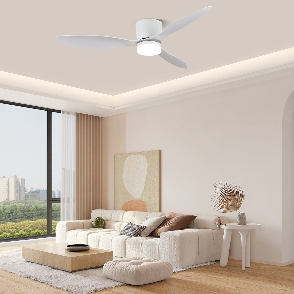 Vista cenital del diseño elegante del ventilador Brinor con luz