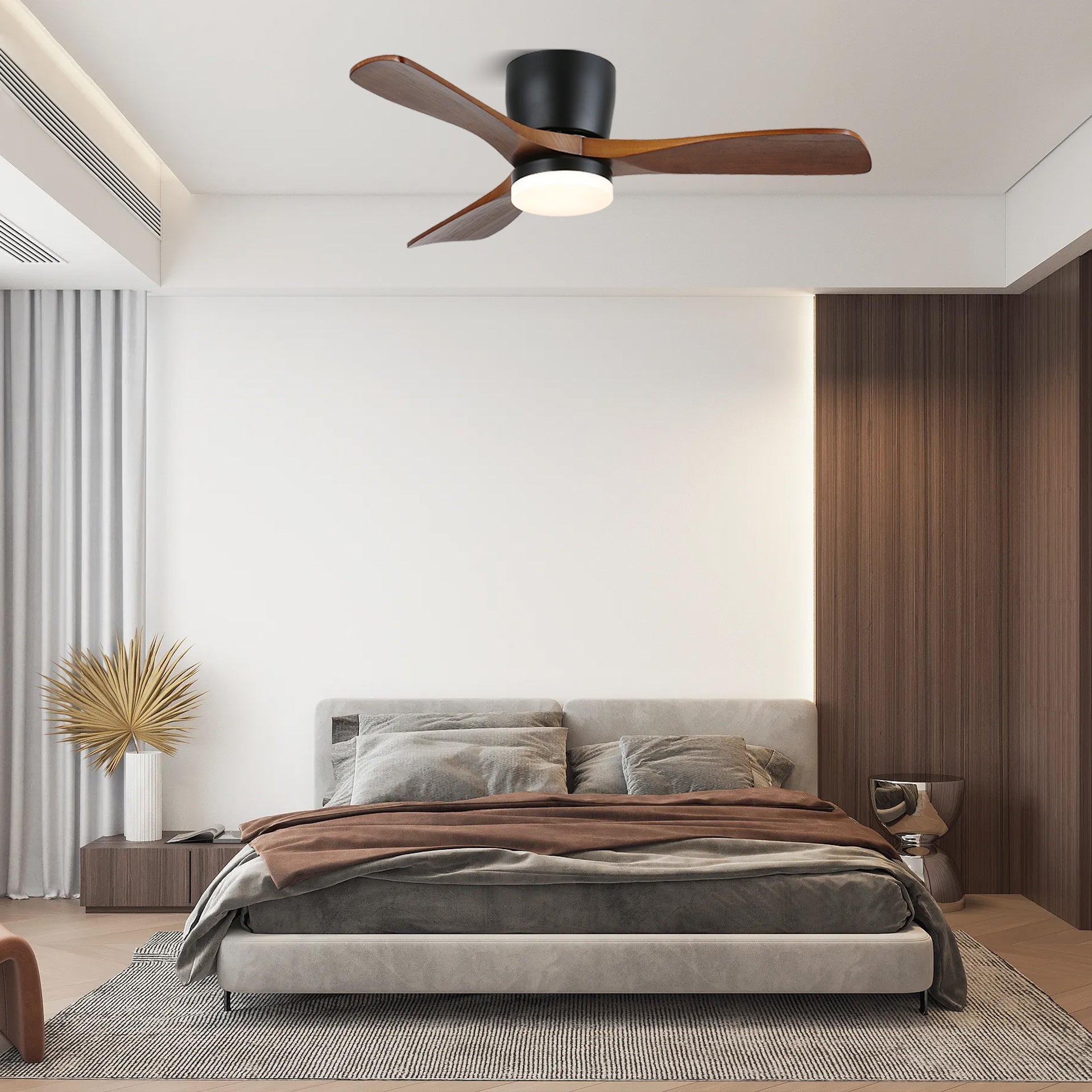 Lámpara Ventilador de Techo Knox, Modelo A con aspas anchas tipo pala.