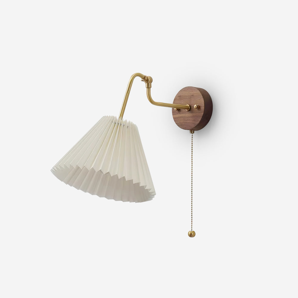 Vintage Brass & Walnut Wall Lamp with Pleated Fabric Shade - Letslighting