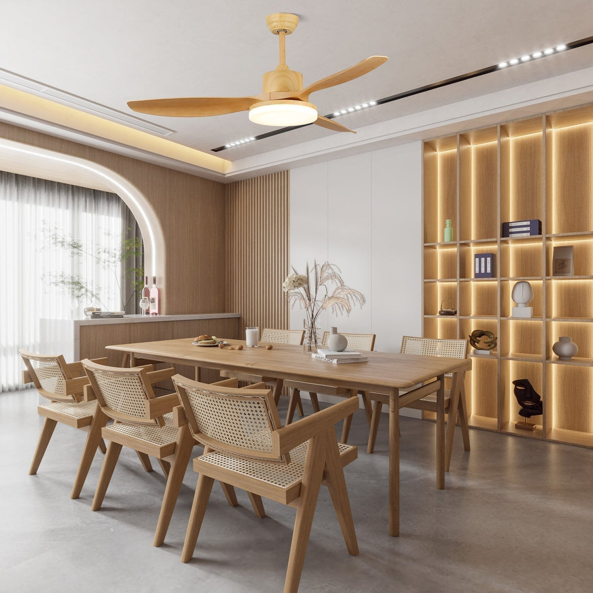 Ventilador de Techo con Luz Minimalista de Madera Arysen en acabado Veta de Madera Natural
