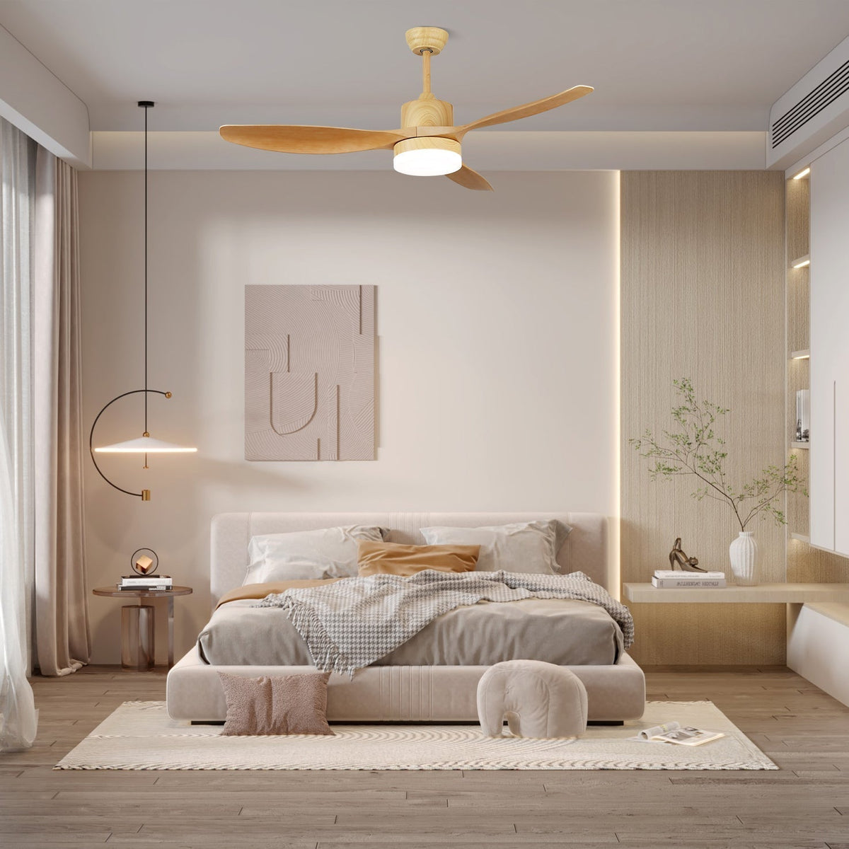 Ventilador de Techo con Luz Minimalista de Madera Arysen en acabado Blanco