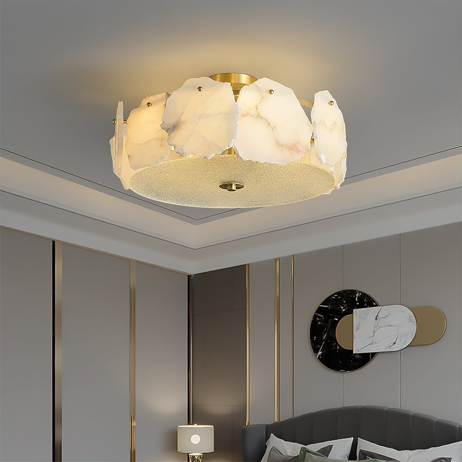 Zoruvys Sophisticated Disc Flat Alabaster Glass Ceiling Light - Lamp Copper