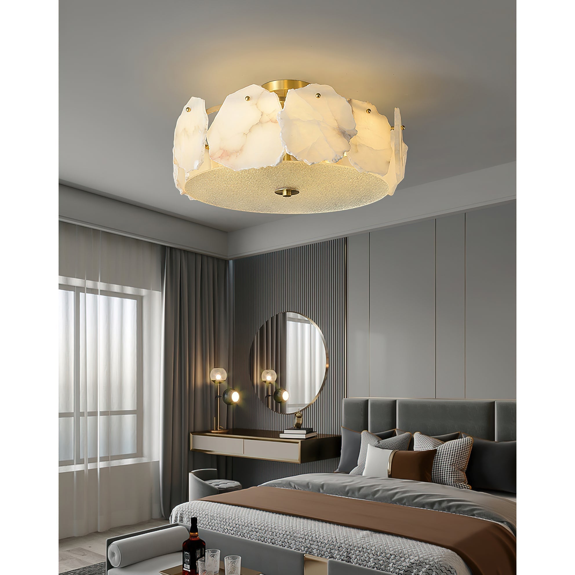 Zoruvys Sophisticated Disc Flat Alabaster Glass Ceiling Light - Lamp Copper