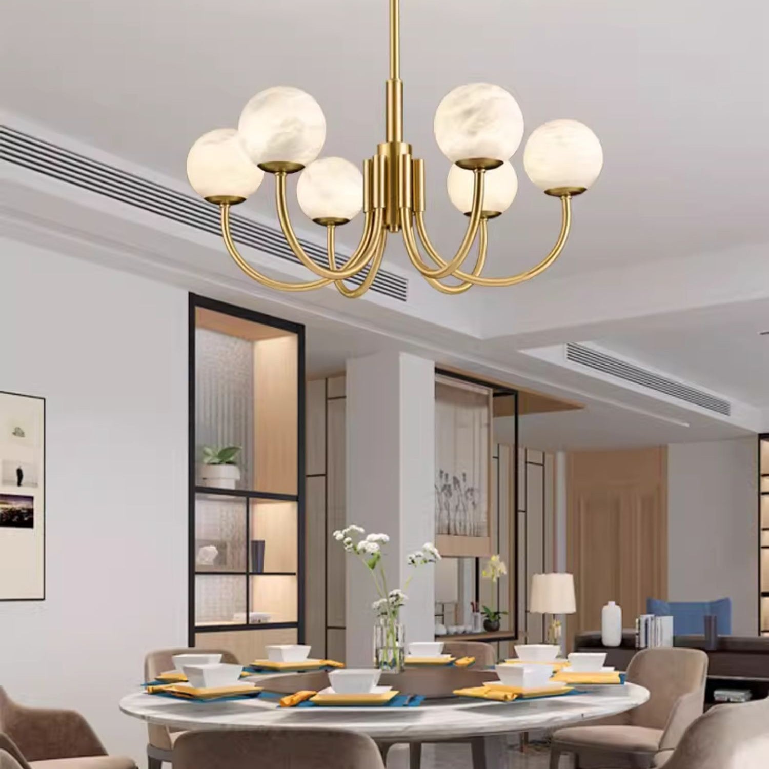 Mjolkuvys Modern Minimalist Globe Brass Alabaster Chandelier - Lamp Copper