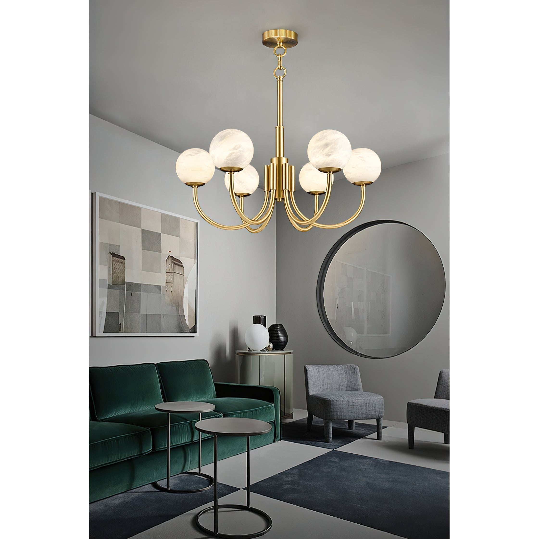 Mjolkuvys Modern Minimalist Globe Brass Alabaster Chandelier - Lamp Copper