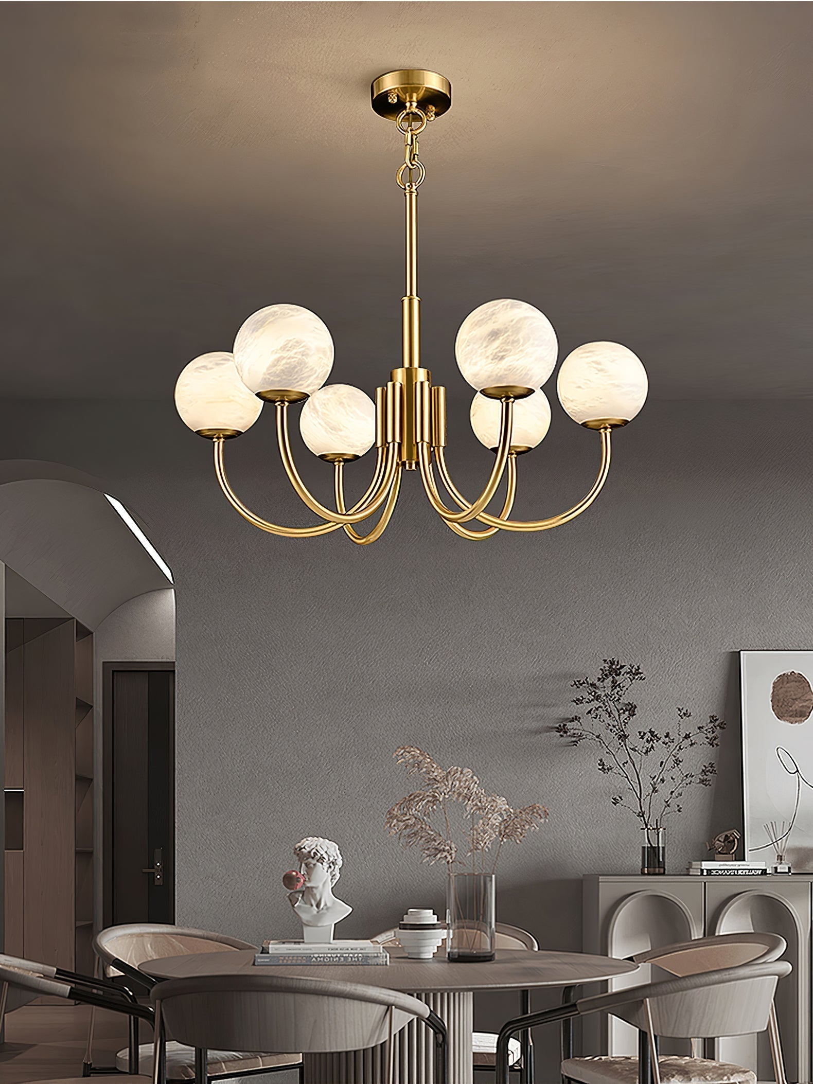 Mjolkuvys Modern Minimalist Globe Brass Alabaster Chandelier - Lamp Copper