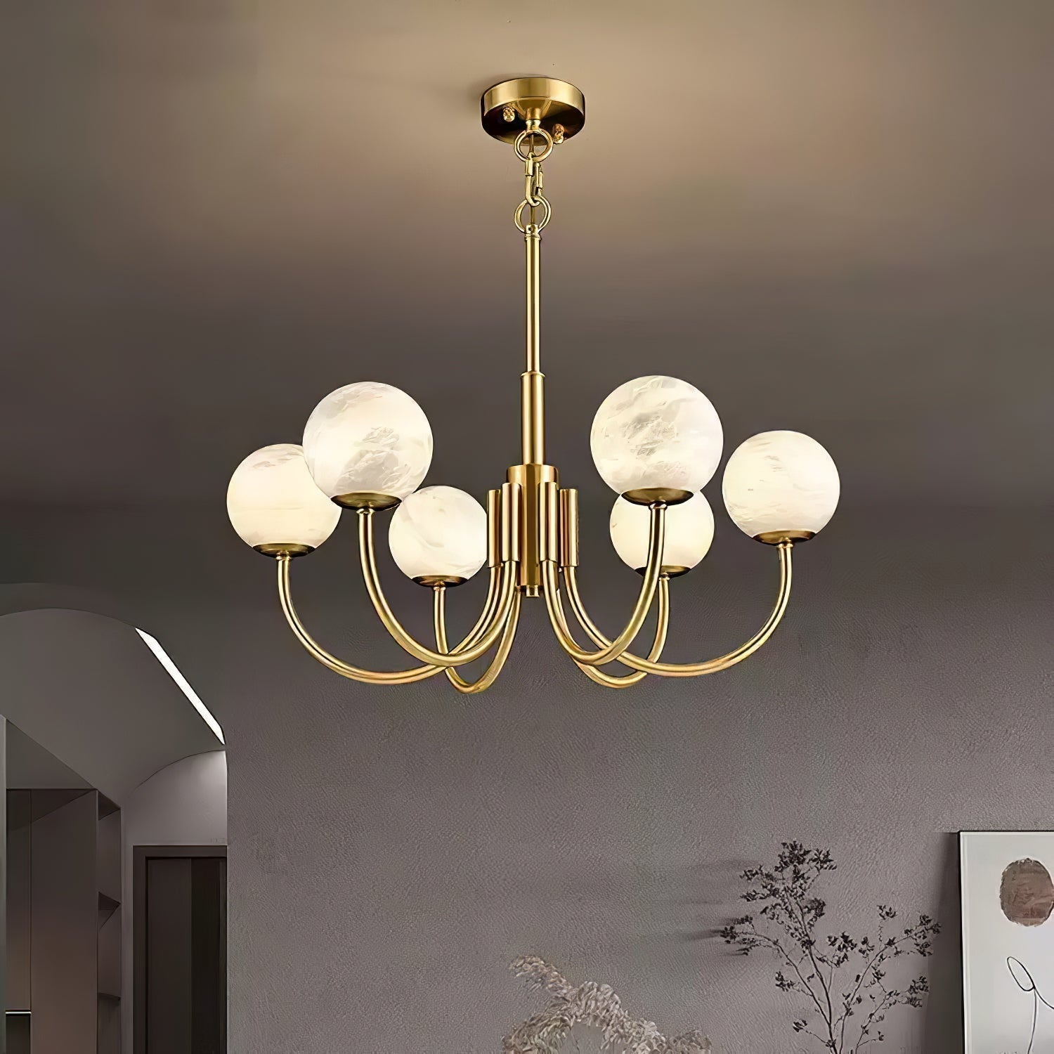 Mjolkuvys Modern Minimalist Globe Brass Alabaster Chandelier - Lamp Copper