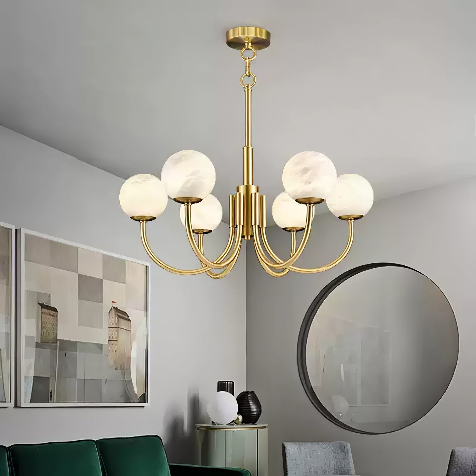 Mjolkuvys Modern Minimalist Globe Brass Alabaster Chandelier - Lamp Copper