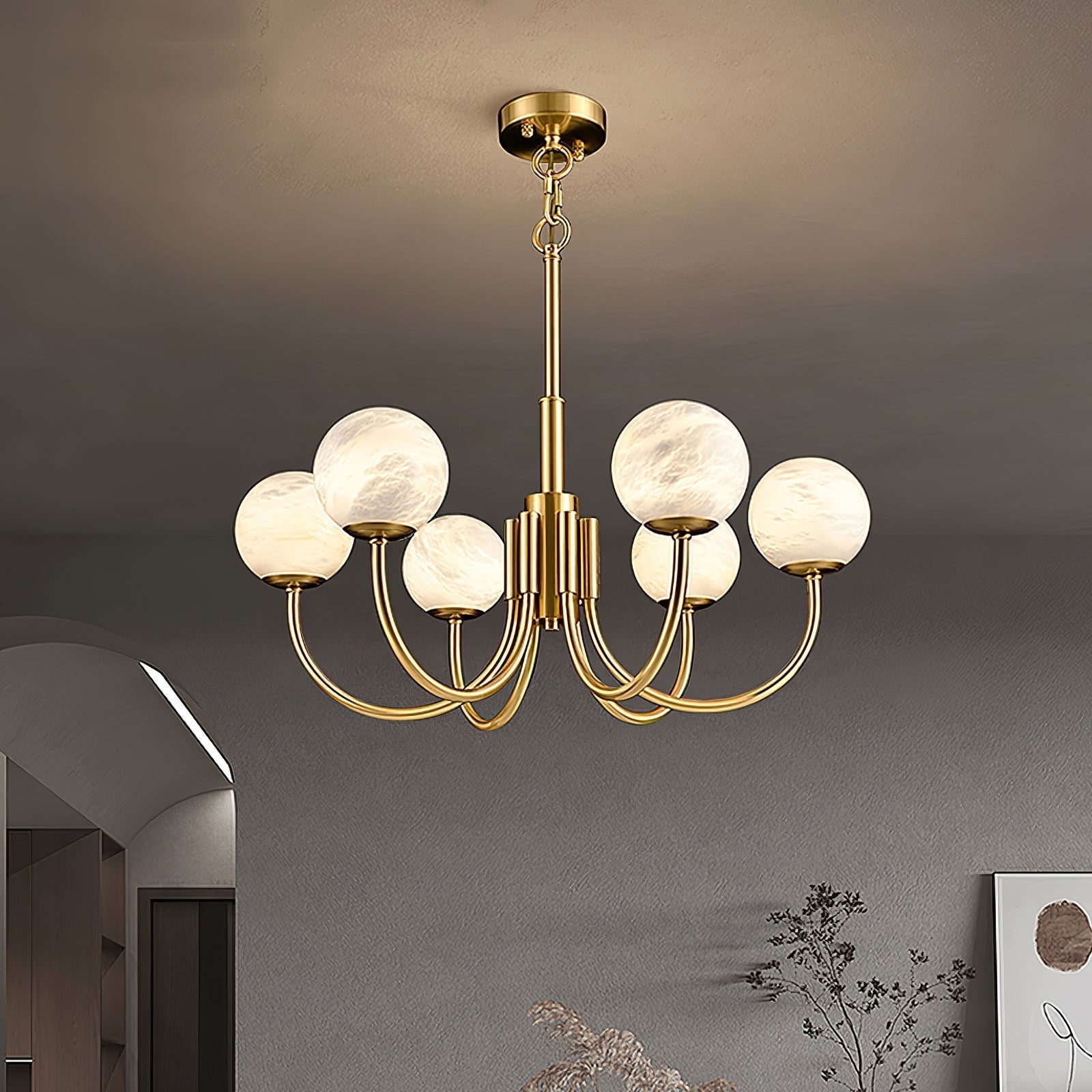 Mjolkuvys Modern Minimalist Globe Brass Alabaster Chandelier - Lamp Copper