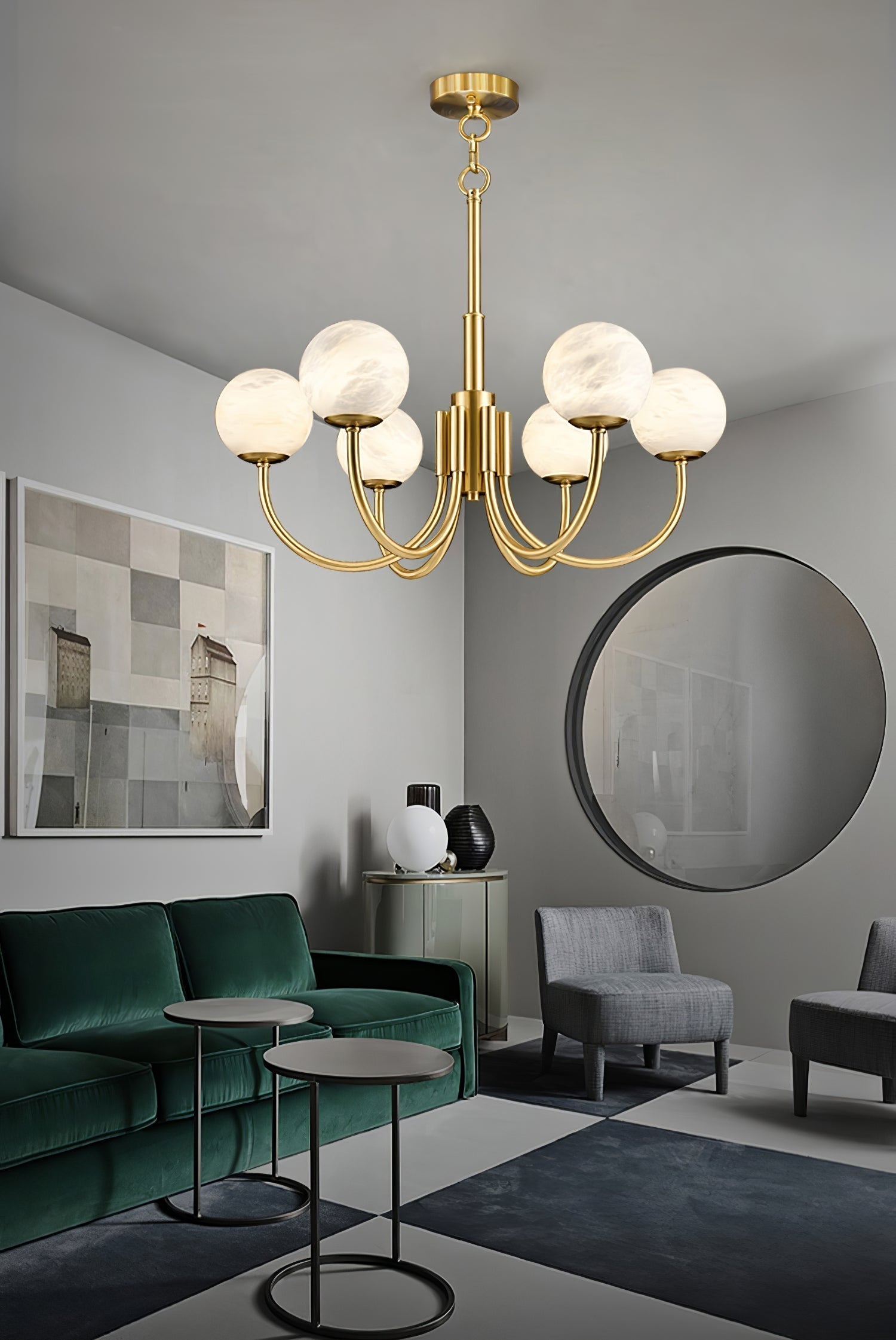 Mjolkuvys Modern Minimalist Globe Brass Alabaster Chandelier - Lamp Copper