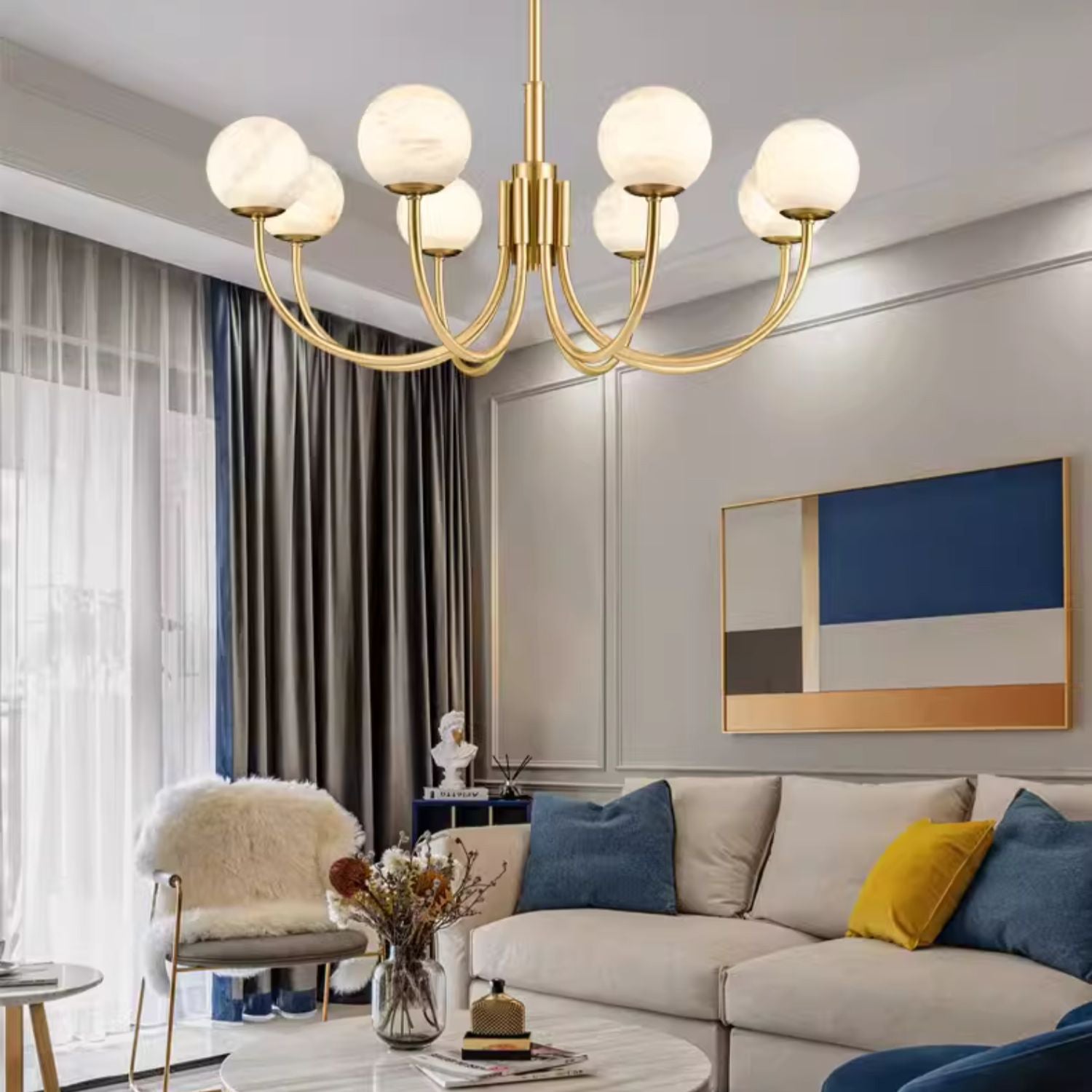 Mjolkuvys Modern Minimalist Globe Brass Alabaster Chandelier - Lamp Copper