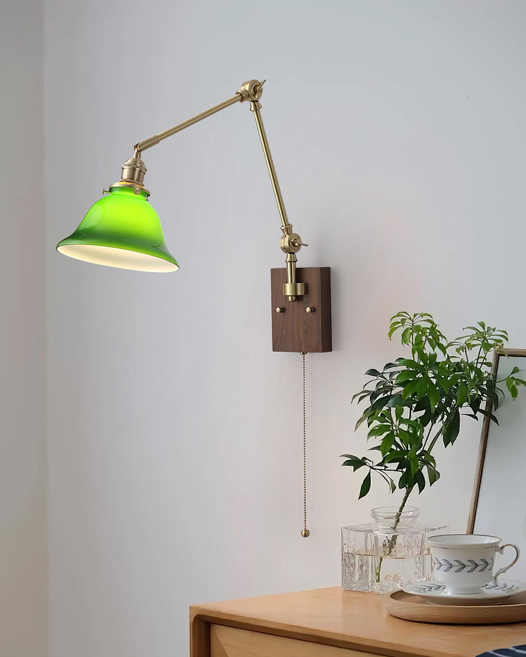 Wall Lamp Brass and Glass Shade Walnut Wood Base Adjustable Arm Vintage - Letslighting