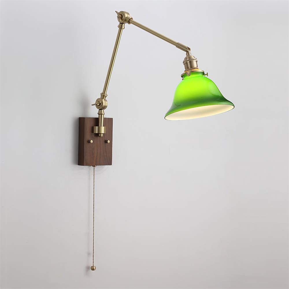 Wall Lamp Brass and Glass Shade Walnut Wood Base Adjustable Arm Vintage - Letslighting