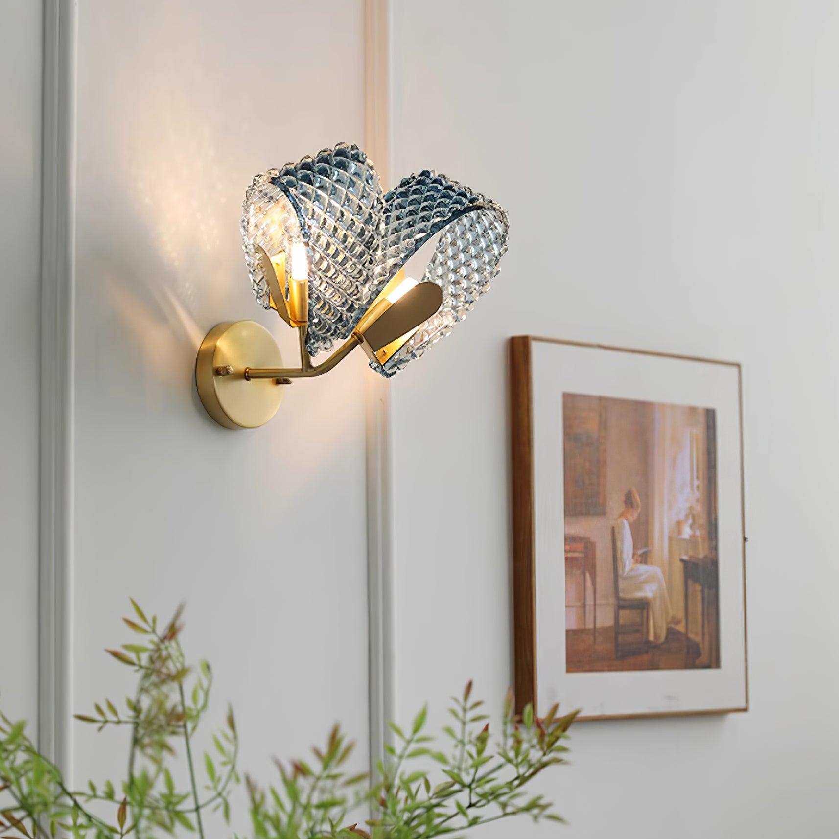 Wall Lamp Blue Ribbed Glass Ribbons Brass - Letslighting
