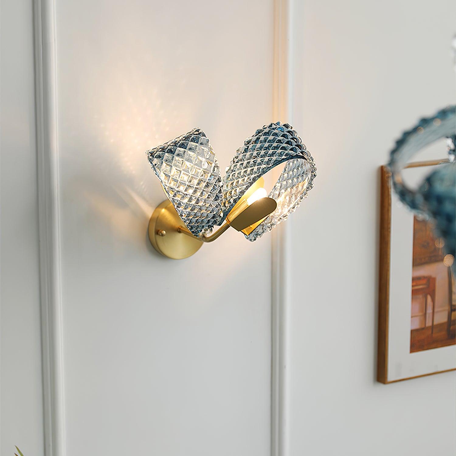 Wall Lamp Blue Ribbed Glass Ribbons Brass - Letslighting