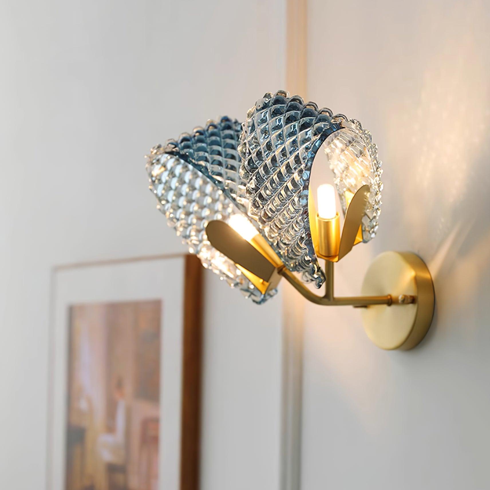 Wall Lamp Blue Ribbed Glass Ribbons Brass - Letslighting
