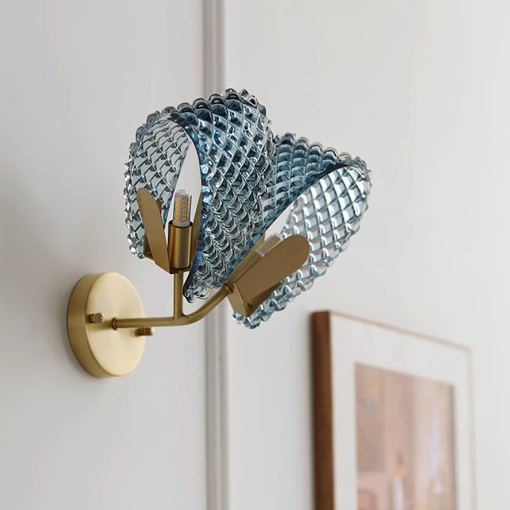 Wall Lamp Blue Ribbed Glass Ribbons Brass - Letslighting