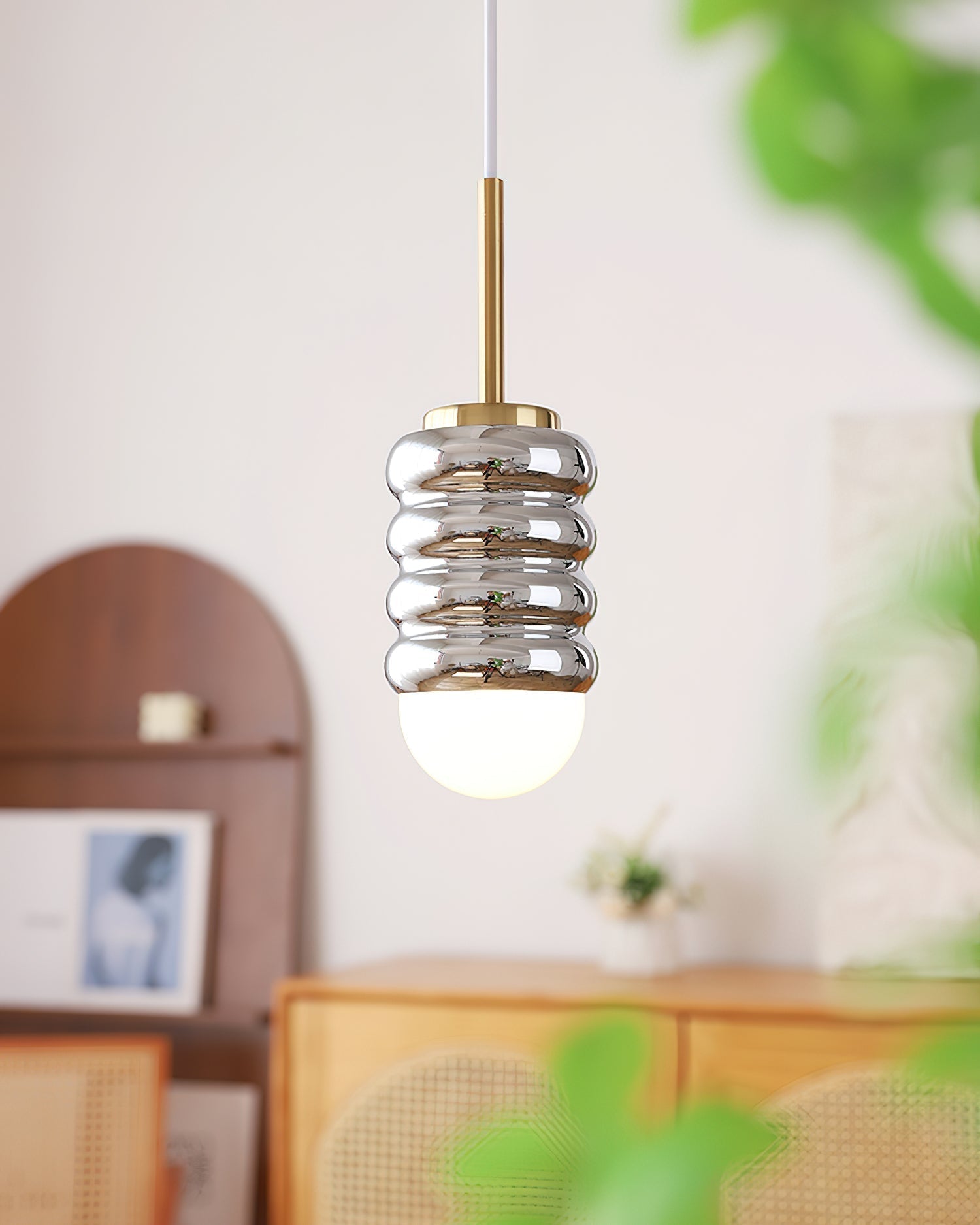 Pendant Light Ribbed Ceramic Brass Midcentury - Letslighting