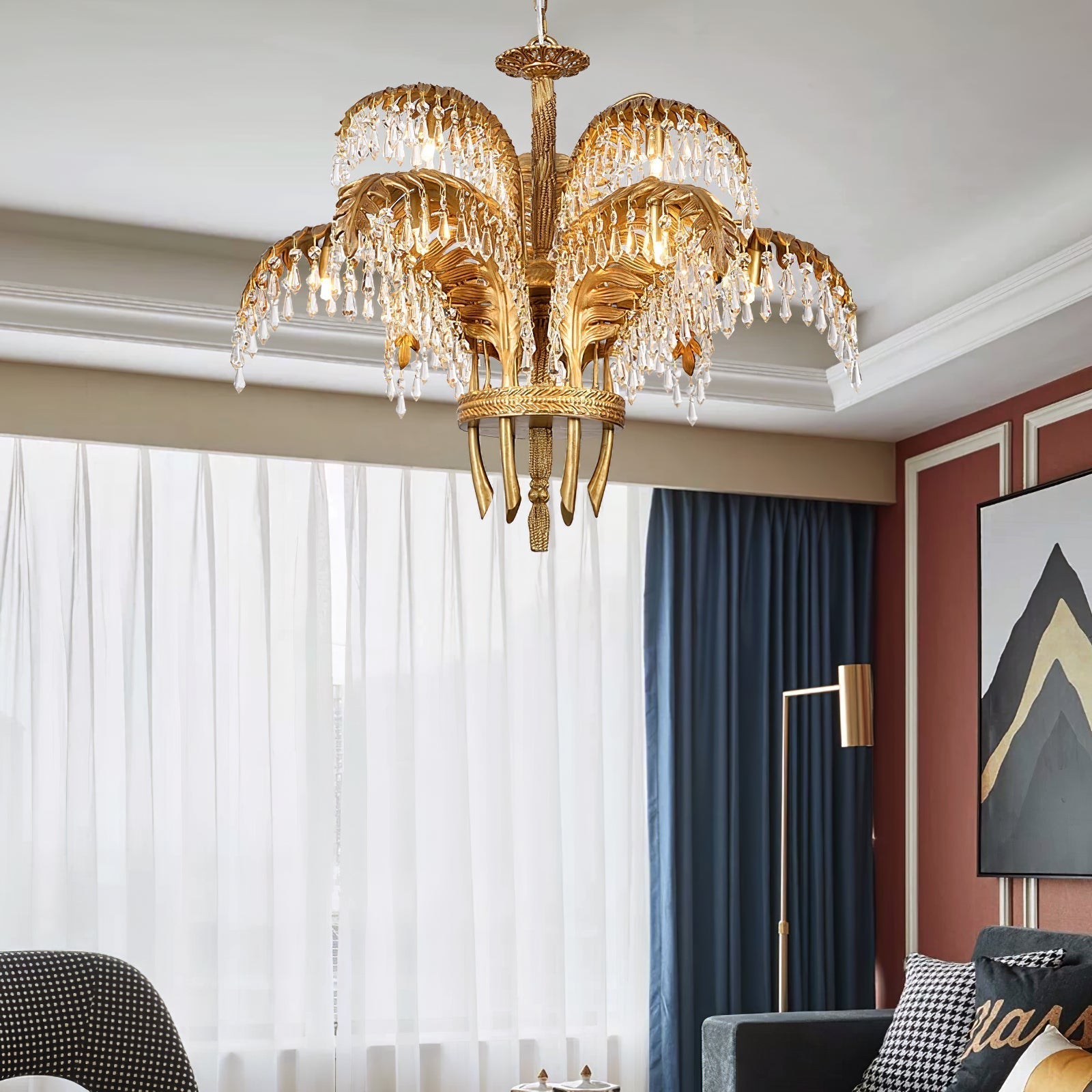 Zenith Luxury Palm Leaf Brass Crystal Chandelier - Lamp Copper