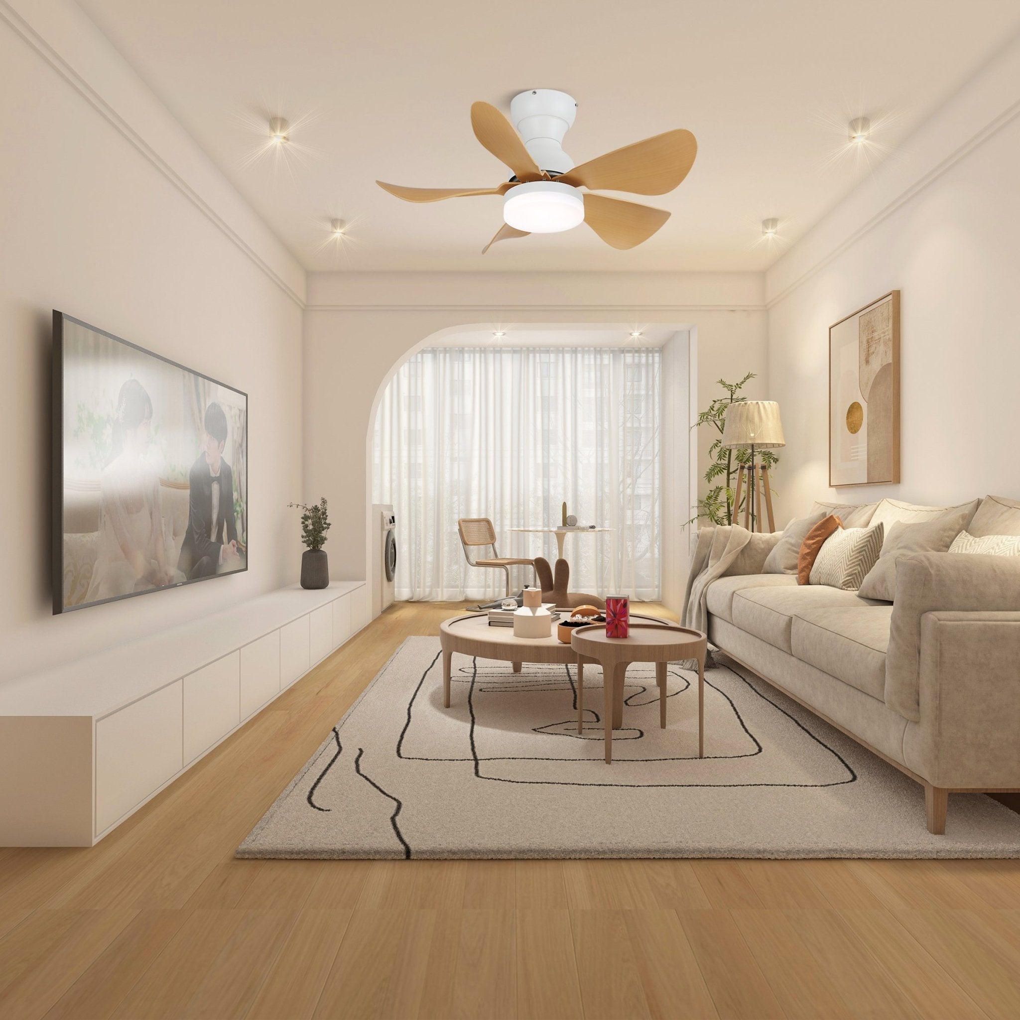 Lámpara Ventilador de Techo Callen de Madera, primer plano de la luz LED integrada