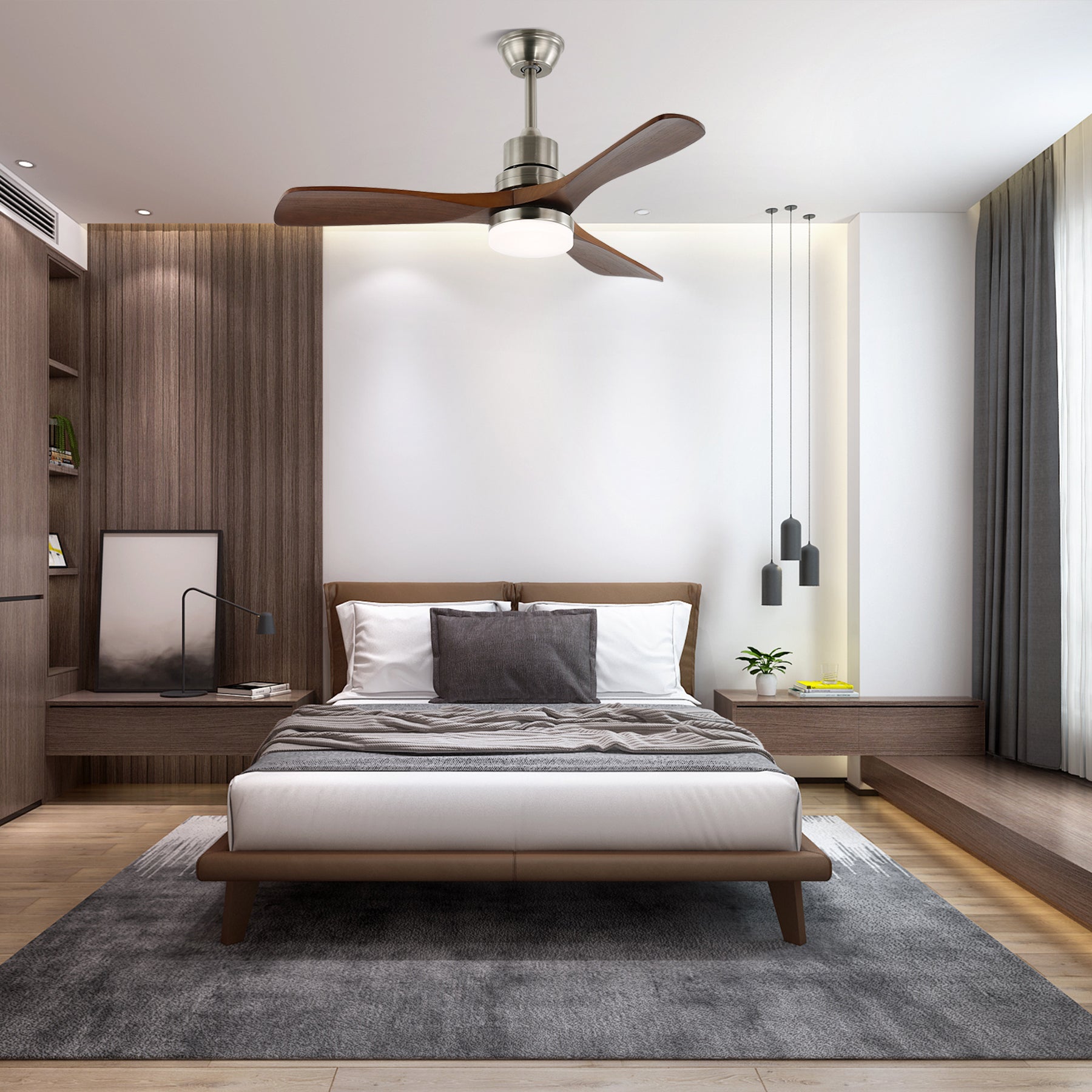 Primer plano de las aspas de madera y el LED integrado del Ventilador de Techo Kaelen con Luz
