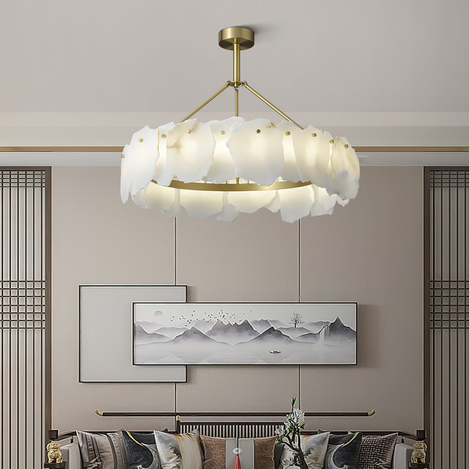 Cryon Postmodern Luxury Brass Alabaster Chandelier - Lamp Copper