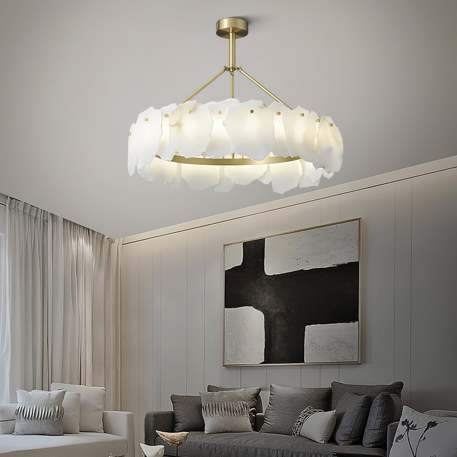 Cryon Postmodern Luxury Brass Alabaster Chandelier - Lamp Copper
