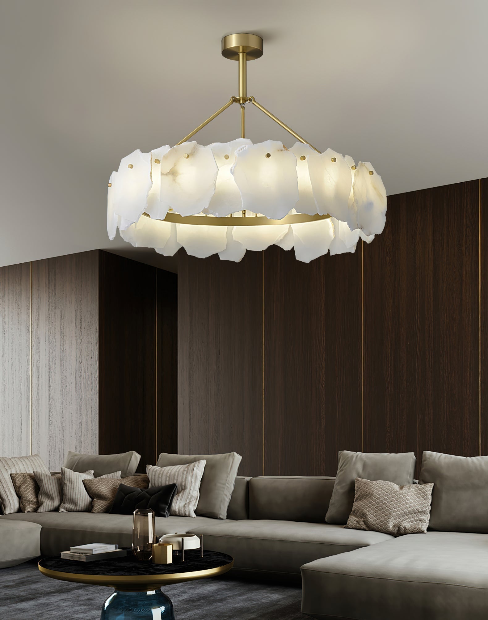 Cryon Postmodern Luxury Brass Alabaster Chandelier - Lamp Copper