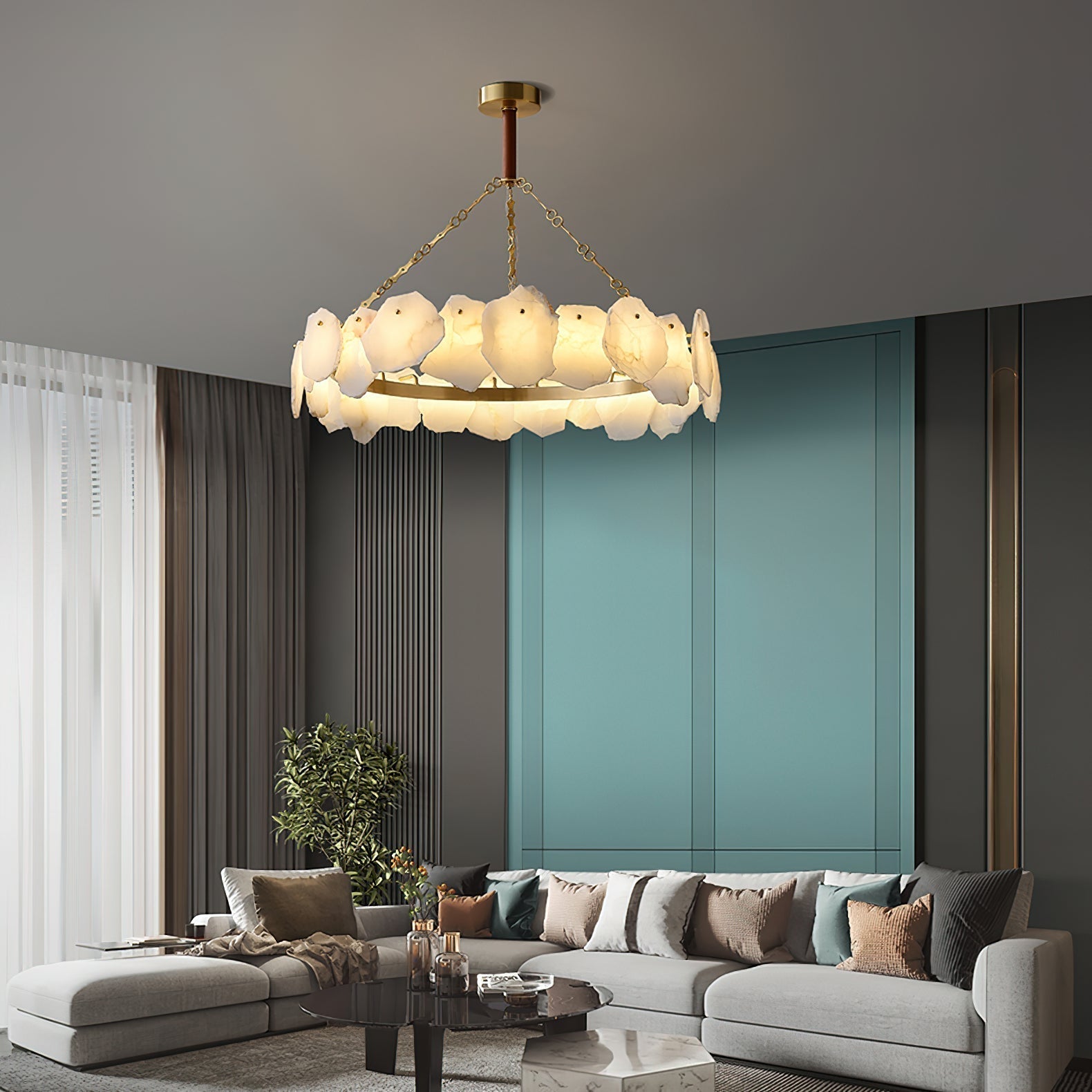 Alora Postmodern Luxury Round Brass Marble Chandelier - Lamp Copper