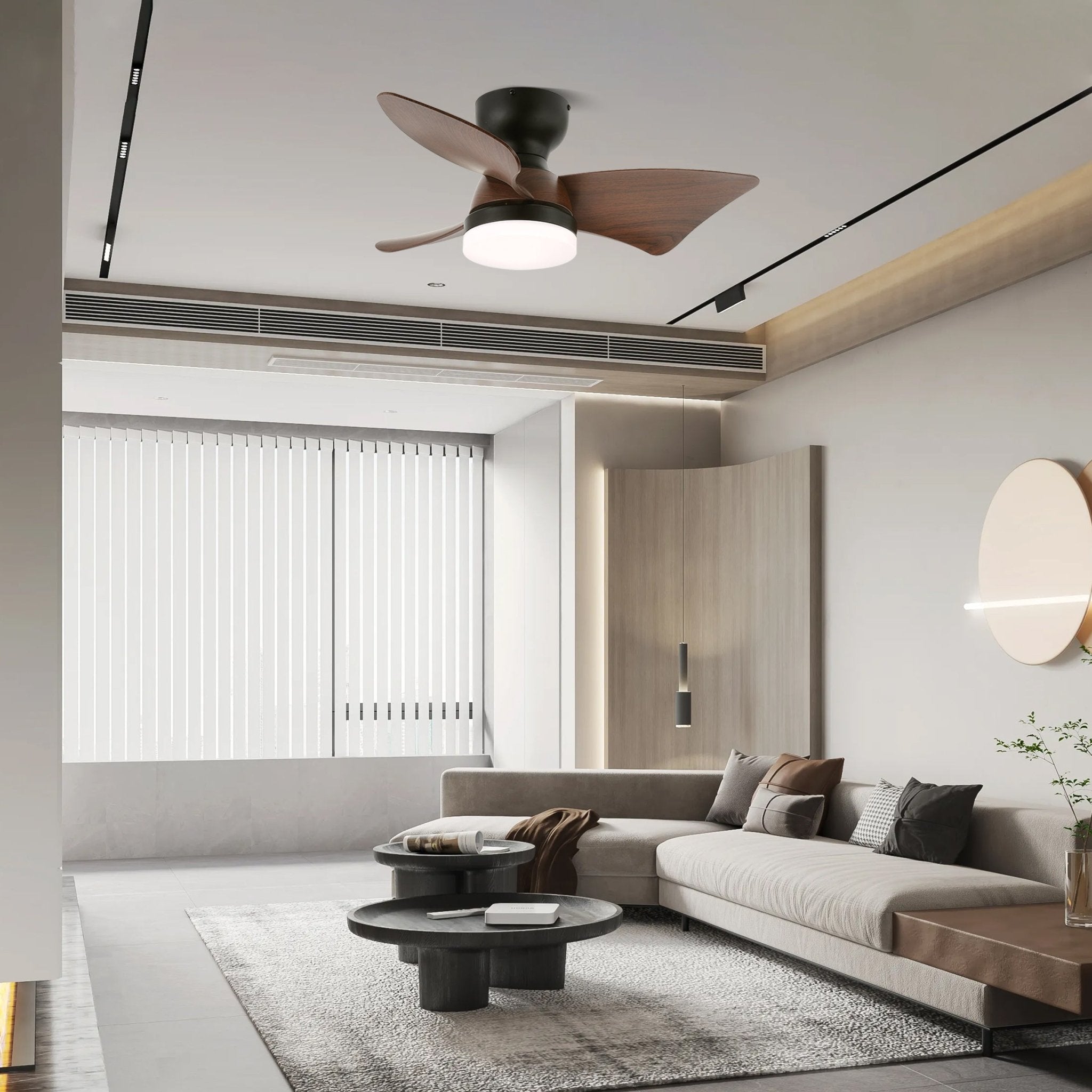 Ventilador de Techo Mirella con luz mostrando aspas de ABS con veta de madera