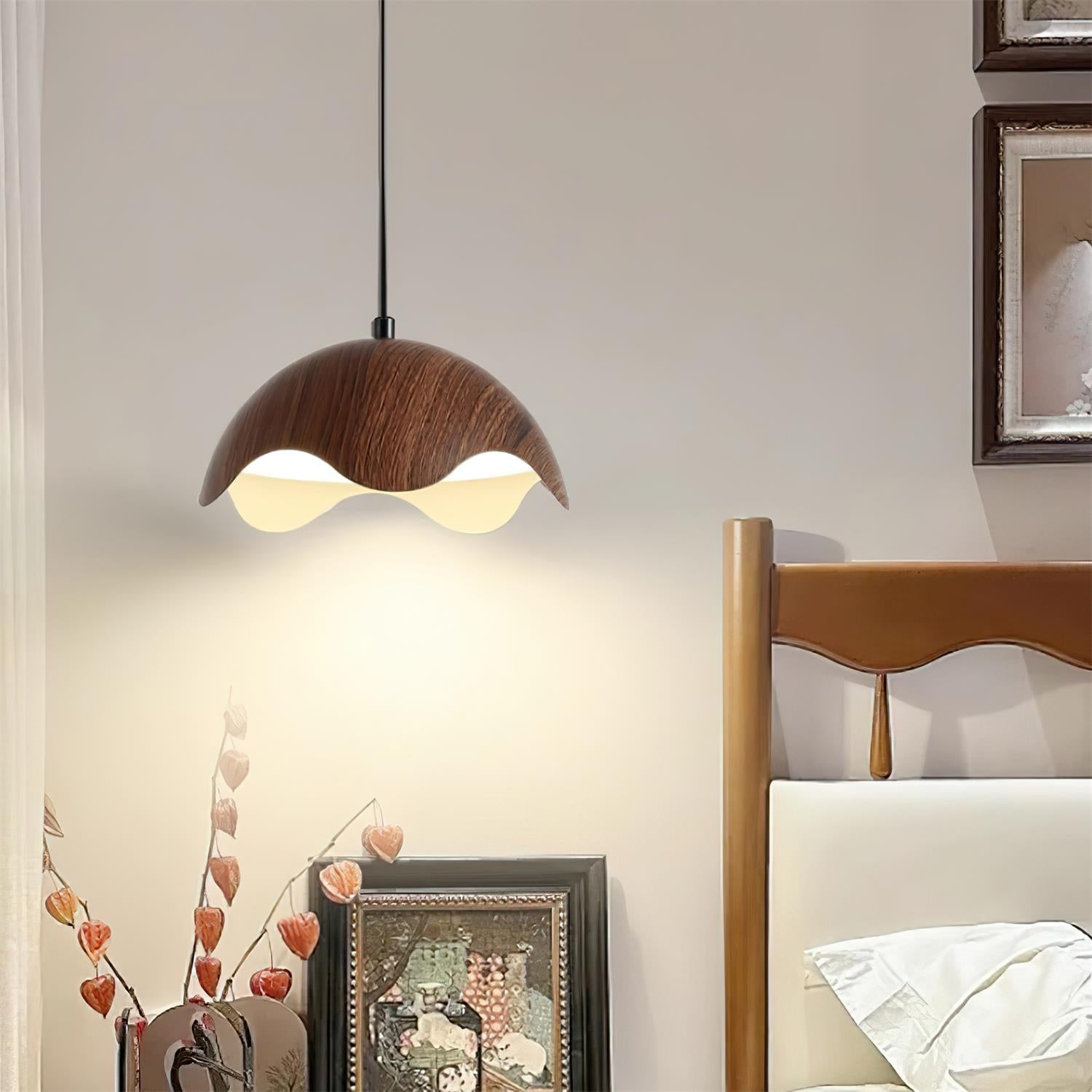 Pendant Lamp Wood-Grain Metal Shade Wave Ambient Minimalist - Letslighting