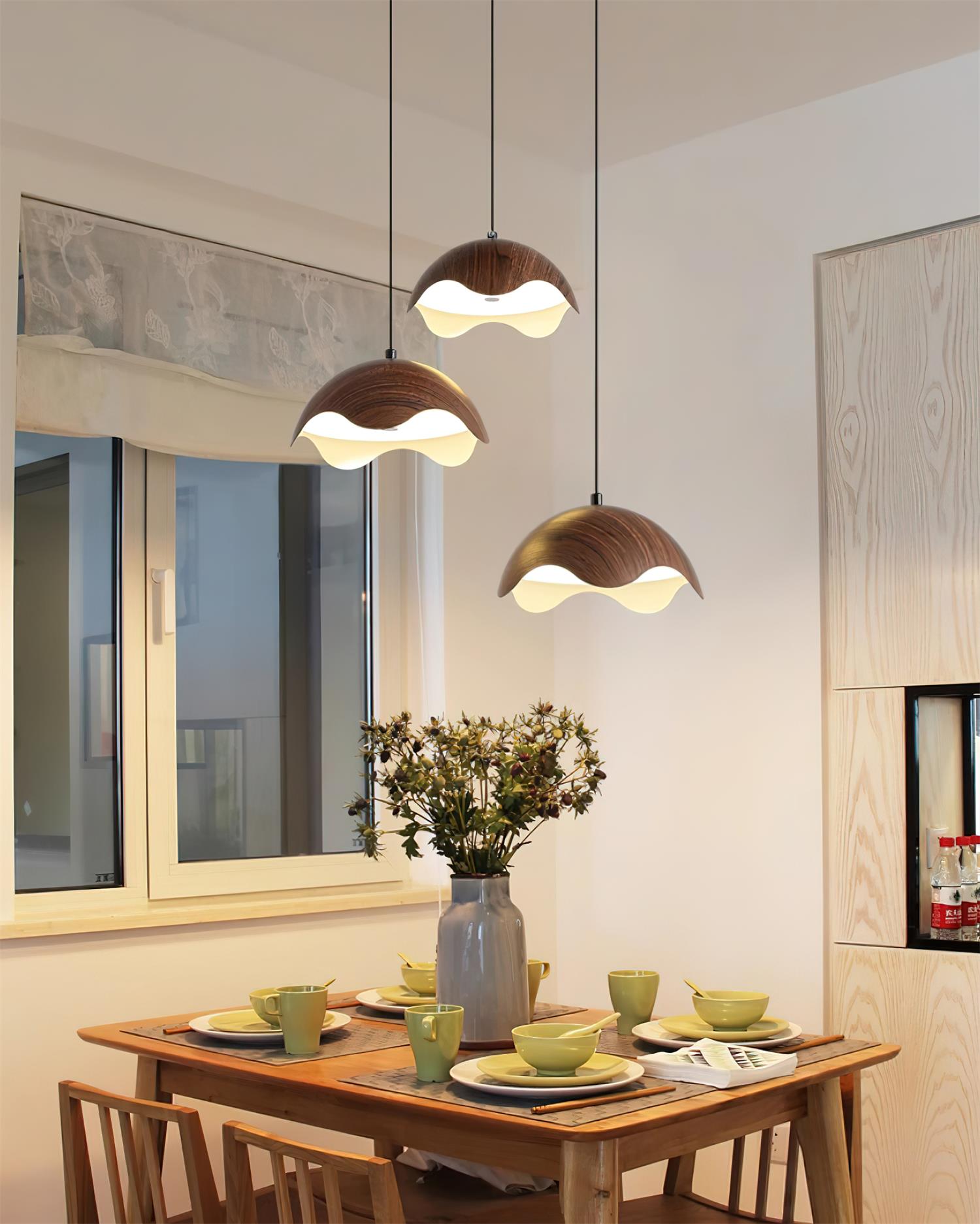 Pendant Lamp Wood-Grain Metal Shade Wave Ambient Minimalist - Letslighting