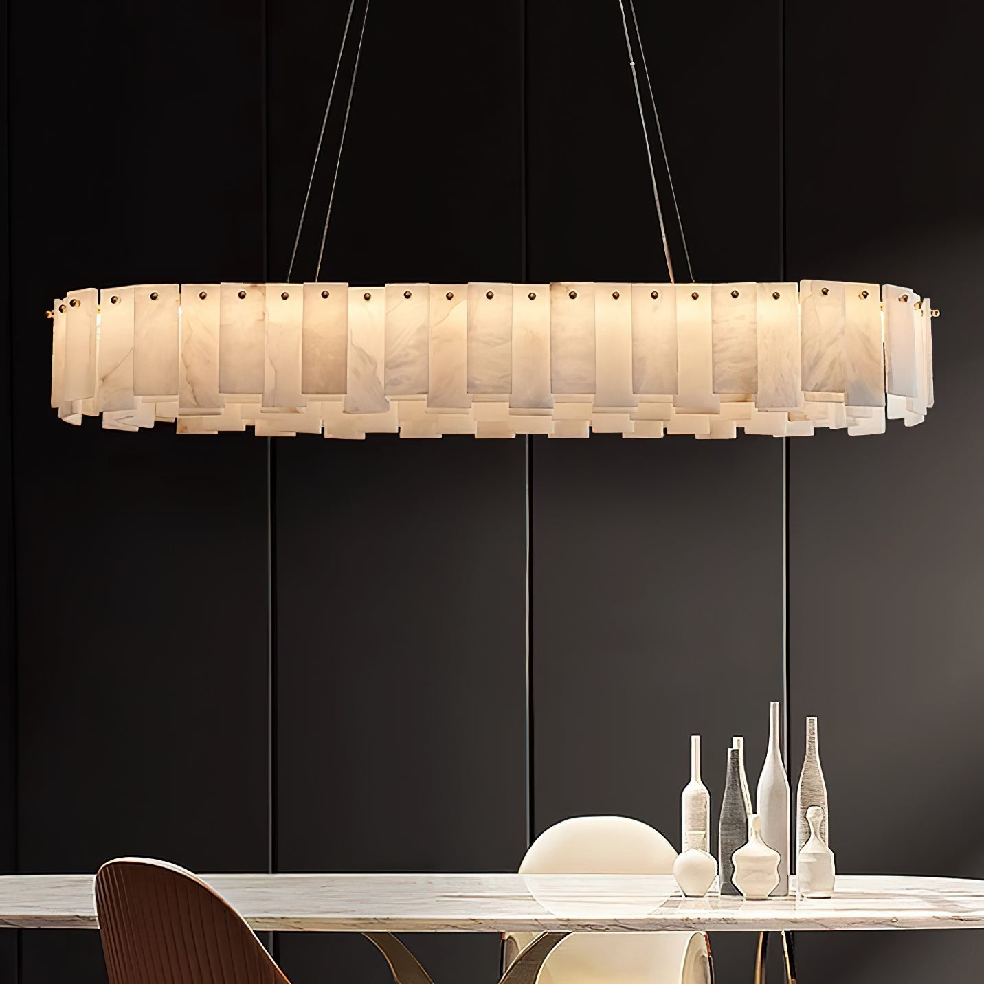 Aero Postmodern Luxury Round Brass Alabaster Chandelier - Lamp Copper